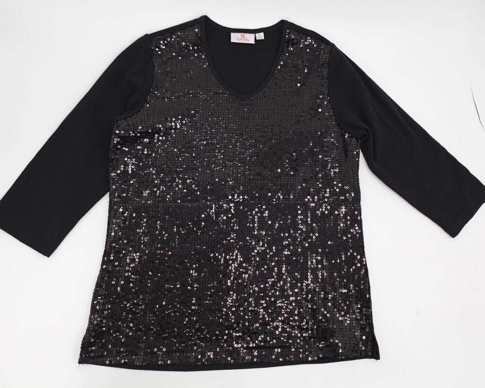 Quacker Factory Shirt Womens Medium Black Sequin V-Neck 3/4 Sleeve Stretch Party
